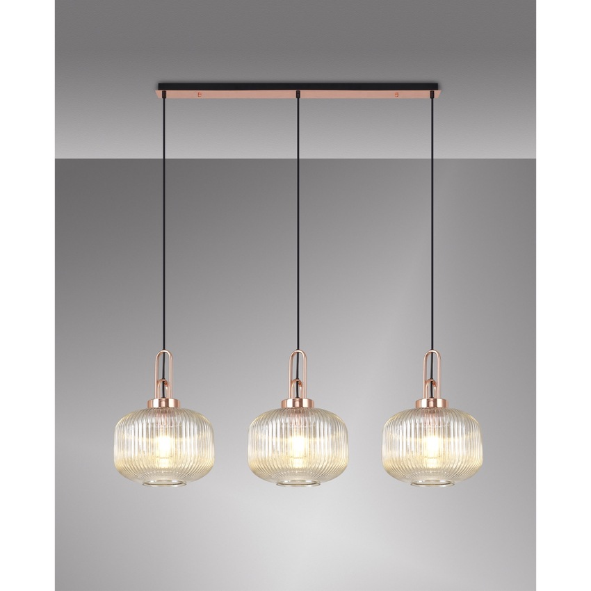 Photograph: Idolite Camille Copper 3 Light Linear Bar Pendant With Champagne Ribbed Glasses