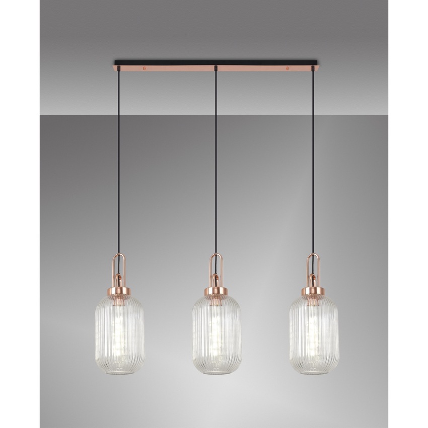 Photograph: Idolite Camille Copper 3 Light Linear Bar Pendant With Clear Ribbed Glasses