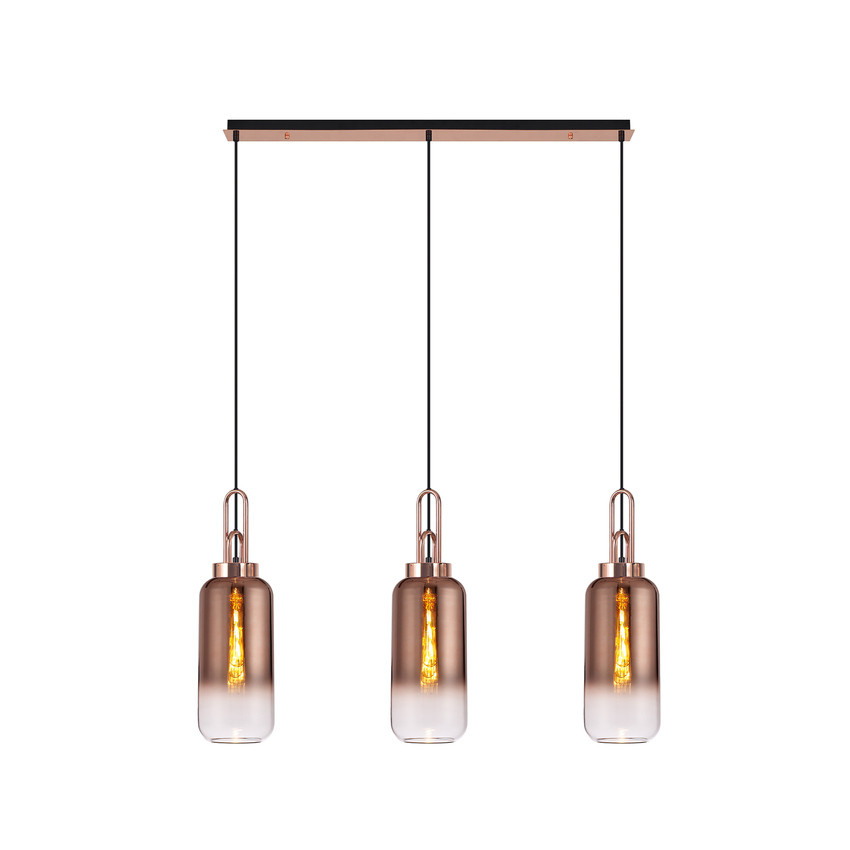 Photograph: Idolite Camille Copper 3 Light Linear Bar Pendant With Copper/Clear Ombre Glasses