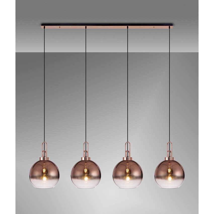 Photograph: Idolite Camille Copper 4 Light Linear Bar Pendant With Copper/Clear Ombre Glass Globes