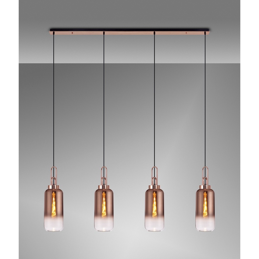 Photograph: Idolite Camille Copper 4 Light Linear Bar Pendant With Copper/Clear Ombre Glasses