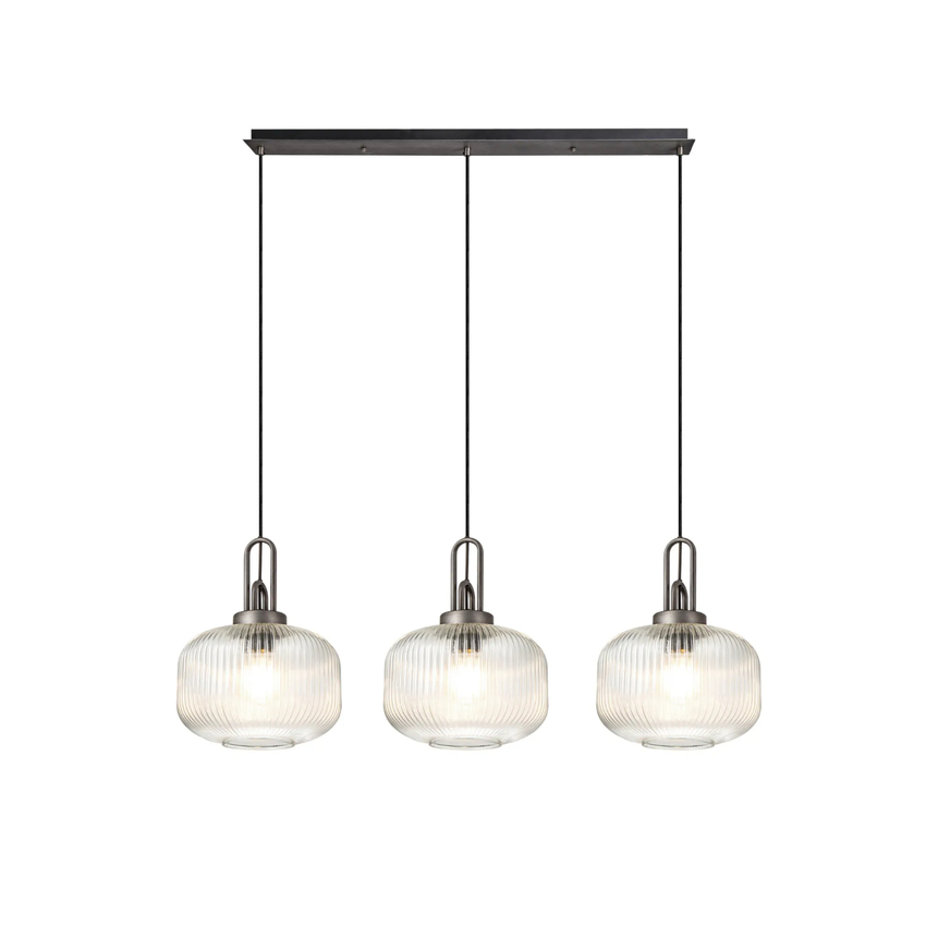 Photograph: Idolite Camille Linear 3 Light Pendant E27, Aged Pewter/Matt Black With 30cm Pumpkin Shaped Ribbed Clear Glass