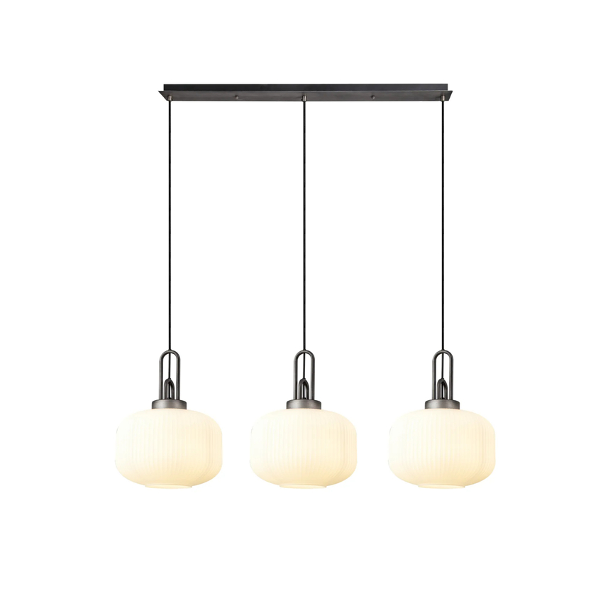 Photograph: Idolite Camille Linear 3 Light Pendant E27, Aged Pewter/Matt Black With 30cm Pumpkin Shaped Ribbed Opal Glass