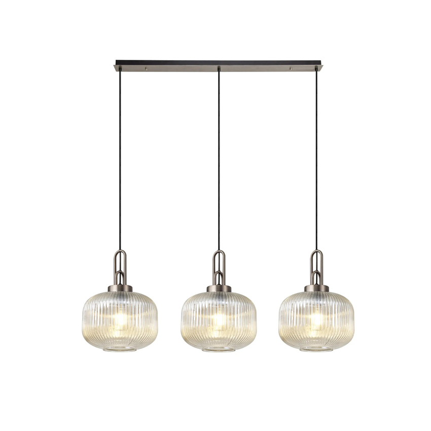 Photograph: Idolite Camille Linear 3 Light Pendant E27, Antique Silver/Matt Black With 30cm Pumpkin Shaped Ribbed Champagne Glass