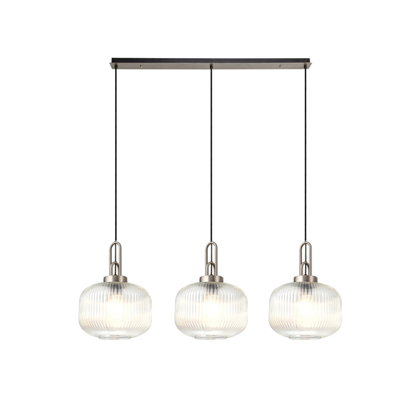 Photograph: Idolite Camille Linear 3 Light Pendant E27, Antique Silver/Matt Black With 30cm Pumpkin Shaped Ribbed Clear Glass