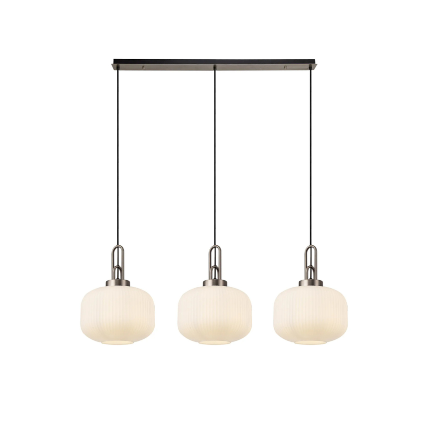 Photograph: Idolite Camille Linear 3 Light Pendant E27, Antique Silver/Matt Black With 30cm Pumpkin Shaped Ribbed Opal Glass