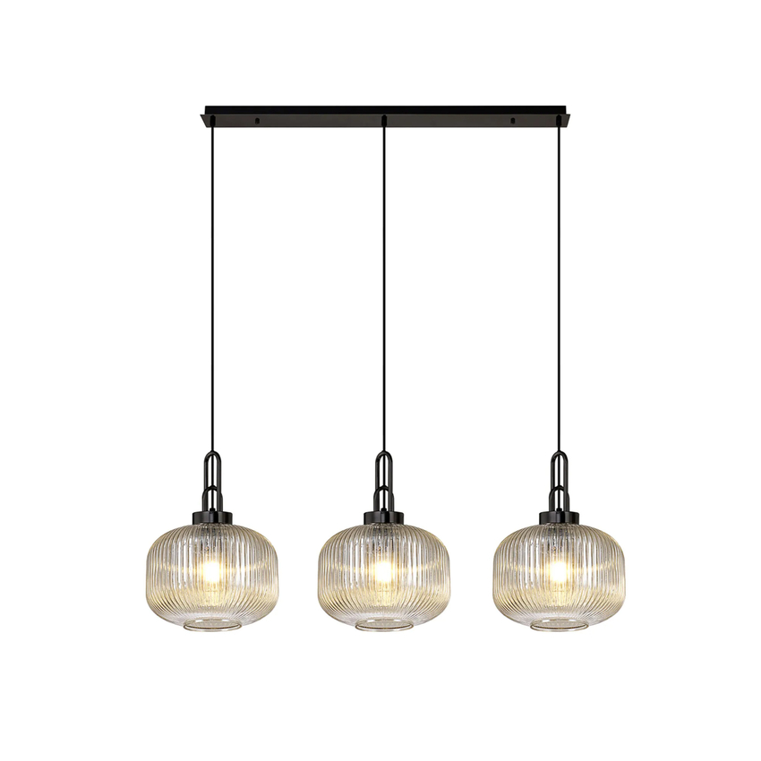 Photograph: Idolite Camille Linear 3 Light Pendant E27, Black Chrome/Matt Black With 30cm Pumpkin Shaped Ribbed Champagne Glass