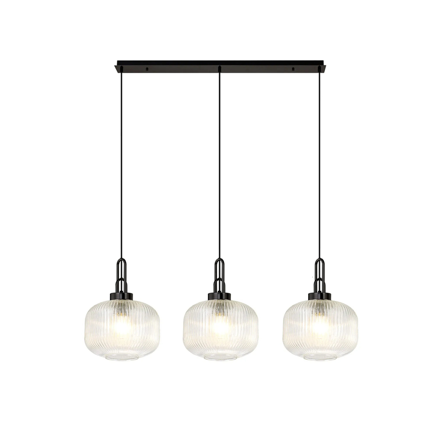 Photograph: Idolite Camille Linear 3 Light Pendant E27, Black Chrome/Matt Black With 30cm Pumpkin Shaped Ribbed Clear Glass