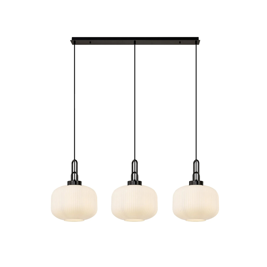 Photograph: Idolite Camille Linear 3 Light Pendant E27, Black Chrome/Matt Black With 30cm Pumpkin Shaped Ribbed Opal Glass