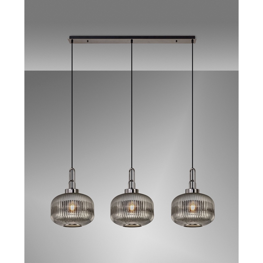 Photograph: Idolite Camille Linear 3 Light Pendant E27, Black Chrome/Matt Black With 30cm Pumpkin Shaped Ribbed Smoked Glass