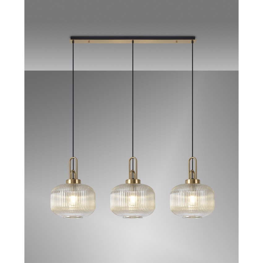 Photograph: Idolite Camille Linear 3 Light Pendant E27, Brass Gold/Matt Black With 30cm Pumpkin Shaped Ribbed Champagne Glass
