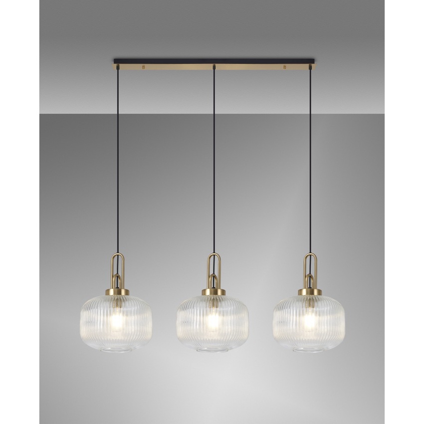 Photograph: Idolite Camille Linear 3 Light Pendant E27, Brass Gold/Matt Black With 30cm Pumpkin Shaped Ribbed Clear Glass