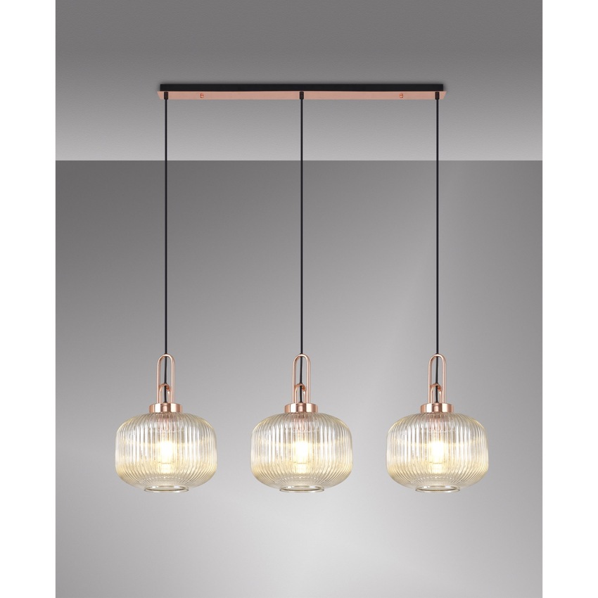 Photograph: Idolite Camille Linear 3 Light Pendant E27, Copper/Matt Black With 30cm Pumpkin Shaped Ribbed Champagne Glass