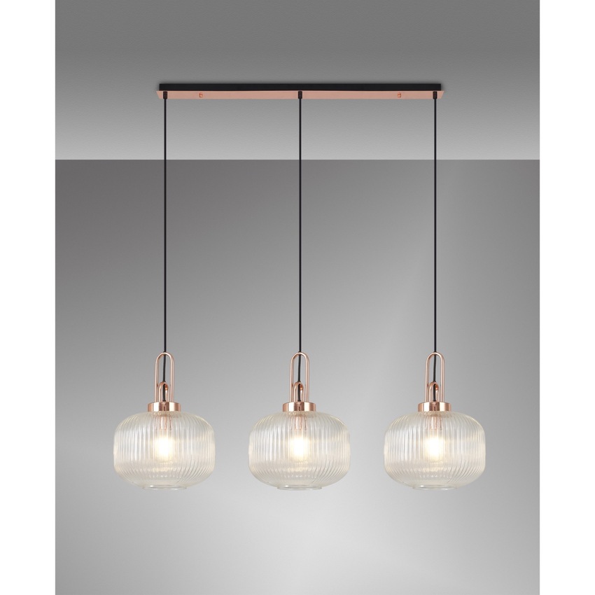 Photograph: Idolite Camille Linear 3 Light Pendant E27, Copper/Matt Black With 30cm Pumpkin Shaped Ribbed Clear Glass