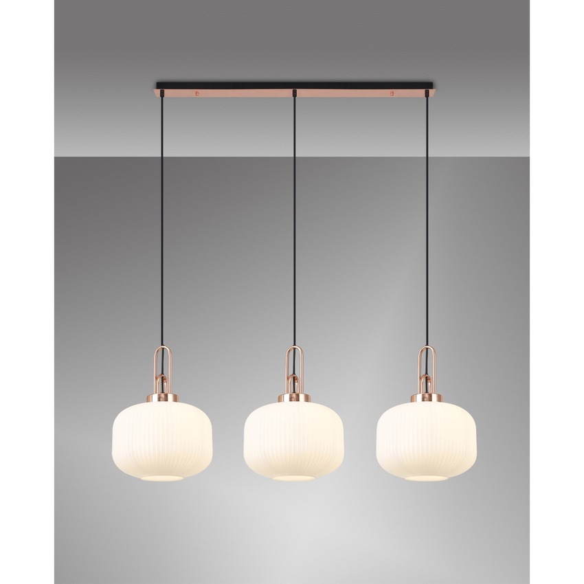 Photograph: Idolite Camille Linear 3 Light Pendant E27, Copper/Matt Black With 30cm Pumpkin Shaped Ribbed Opal Glass