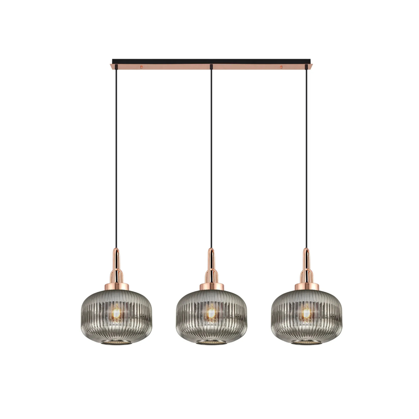 Photograph: Idolite Camille Linear 3 Light Pendant E27, Copper/Matt Black With 30cm Pumpkin Shaped Ribbed Smoked Glass