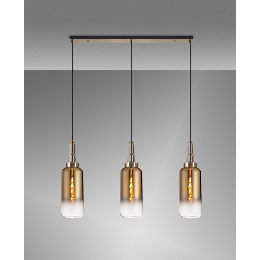 Photograph: Idolite Camille Linear 3 Light Pendant E27 With 16cm Cylinder Glass, Brass Gold/Clear Brass Gold/Matt Black