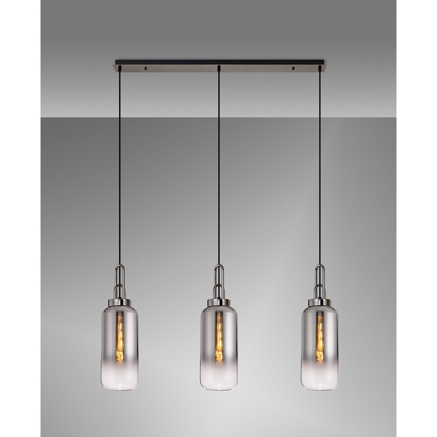 Photograph: Idolite Camille Linear 3 Light Pendant E27 With 16cm Cylinder Glass, Smoked/Clear Black Chrome/Matt Black