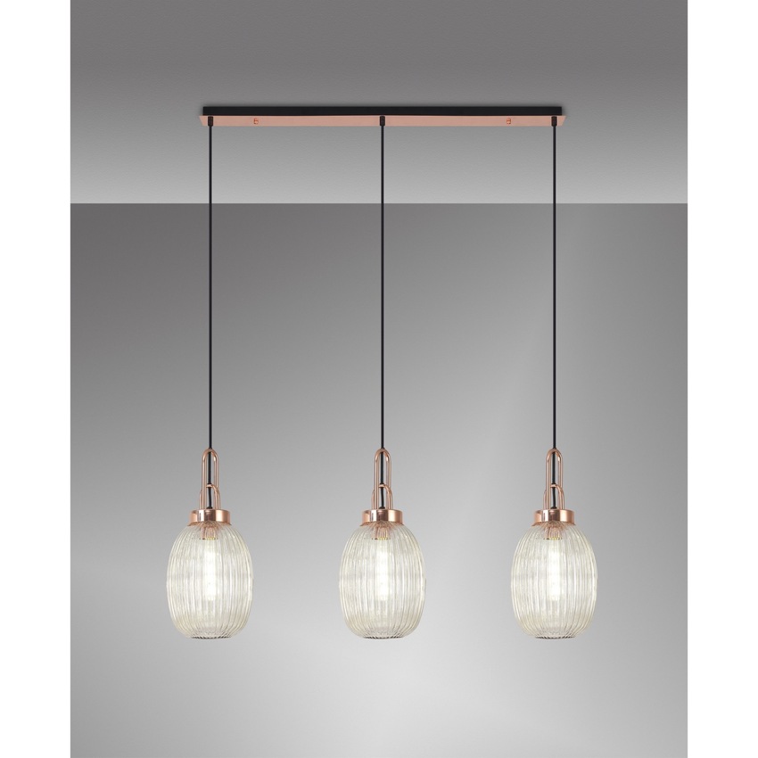 Photograph: Idolite Camille Linear 3 Light Pendant E27 With 20cm Almond Ribbed Glass, Champagne Copper/Matt Black