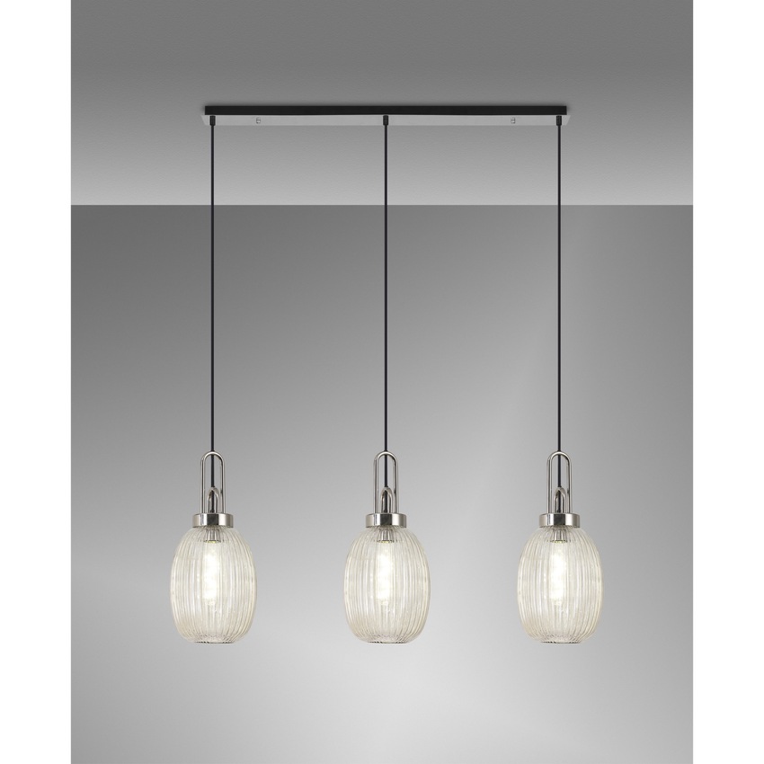Photograph: Idolite Camille Linear 3 Light Pendant E27 With 20cm Almond Ribbed Glass, Champagne Polished Nickel/Matt Black