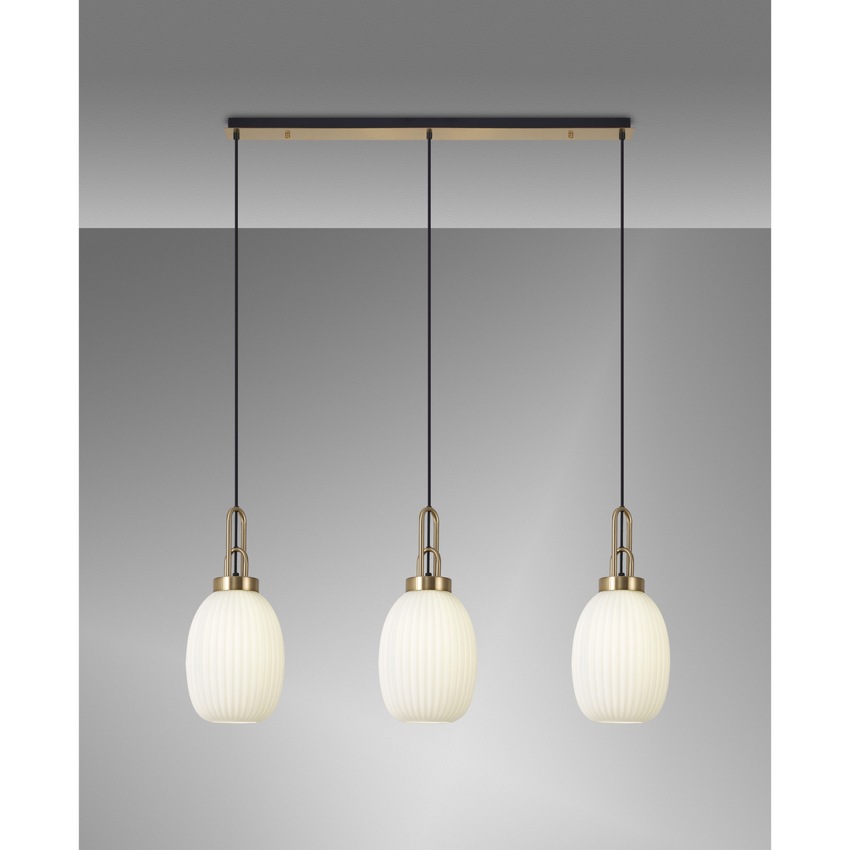 Photograph: Idolite Camille Linear 3 Light Pendant E27 With 20cm Almond Ribbed Glass, Opal Brass Gold/Matt Black