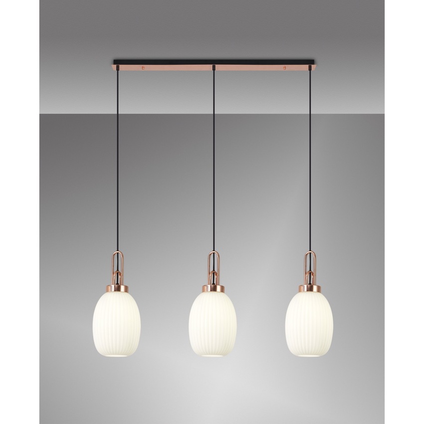 Photograph: Idolite Camille Linear 3 Light Pendant E27 With 20cm Almond Ribbed Glass, Opal Copper/Matt Black