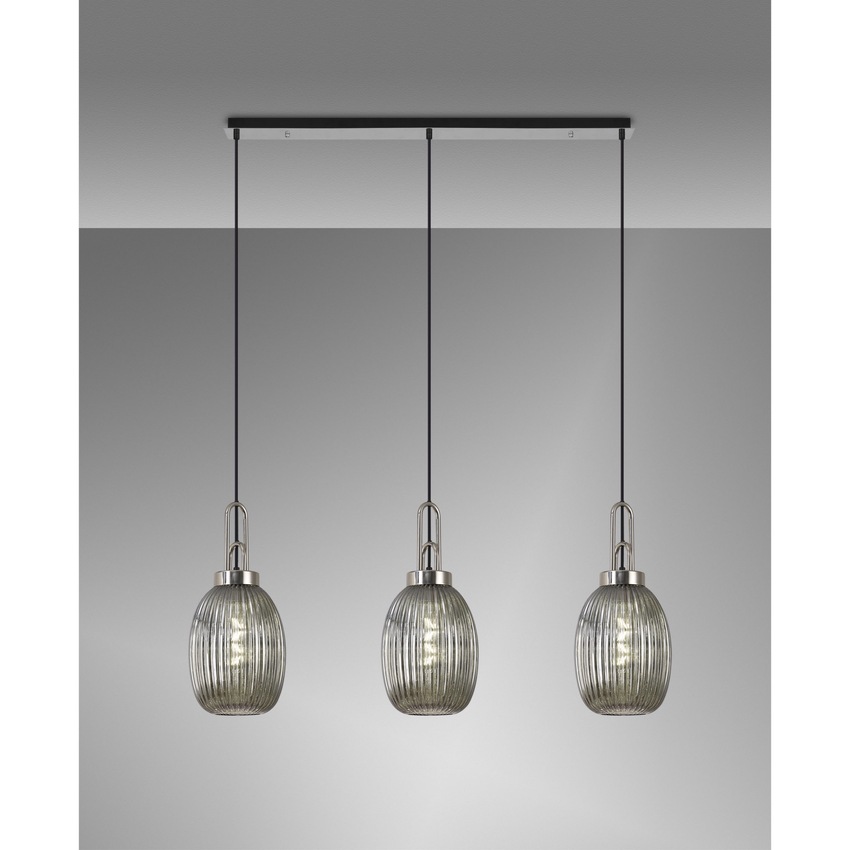 Photograph: Idolite Camille Linear 3 Light Pendant E27 With 20cm Almond Ribbed Glass, Smoked Polished Nickel/Matt Black