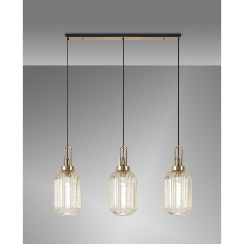 Photograph: Idolite Camille Linear 3 Light Pendant E27 With 20cm Tubular Ribbed Glass, Champagne Brass Gold/Matt Black