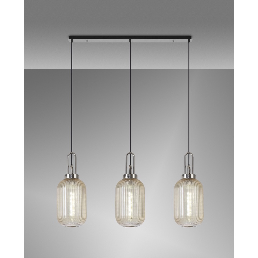 Photograph: Idolite Camille Linear 3 Light Pendant E27 With 20cm Tubular Ribbed Glass, Champagne Polished Nickel/Matt Black