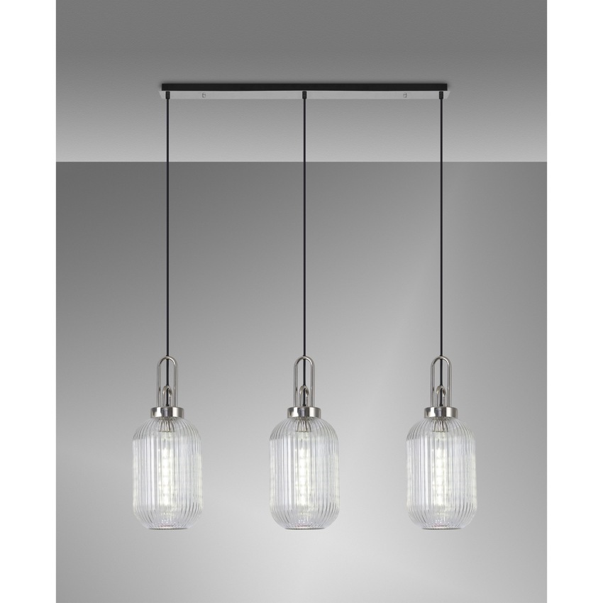 Photograph: Idolite Camille Linear 3 Light Pendant E27 With 20cm Tubular Ribbed Glass, Clear Polished Nickel/Matt Black