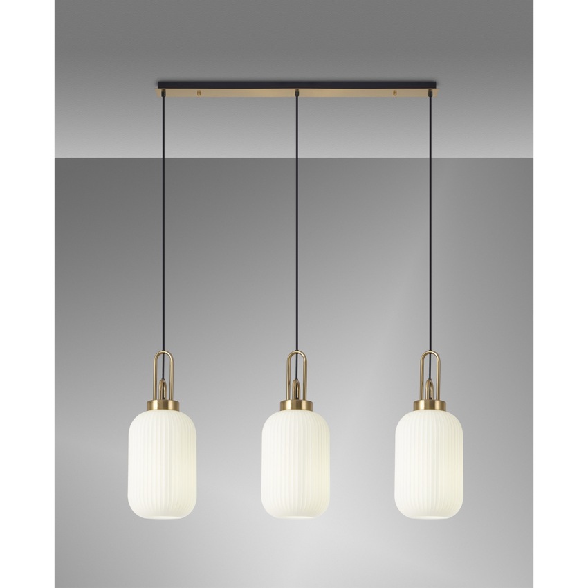 Photograph: Idolite Camille Linear 3 Light Pendant E27 With 20cm Tubular Ribbed Glass, Opal Brass Gold/Matt Black