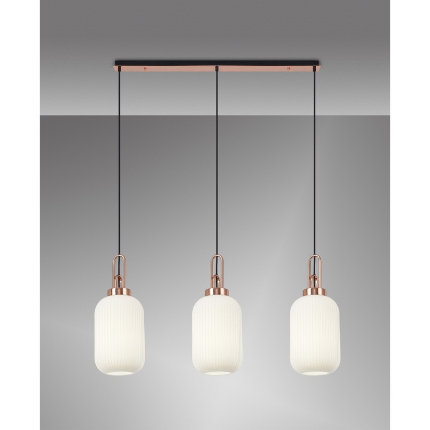 Photograph: Idolite Camille Linear 3 Light Pendant E27 With 20cm Tubular Ribbed Glass, Opal Copper/Matt Black
