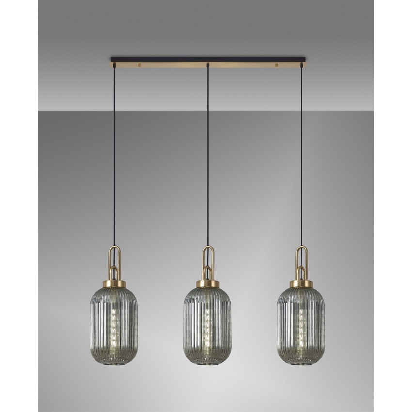 Photograph: Idolite Camille Linear 3 Light Pendant E27 With 20cm Tubular Ribbed Glass, Smoked Brass Gold/Matt Black
