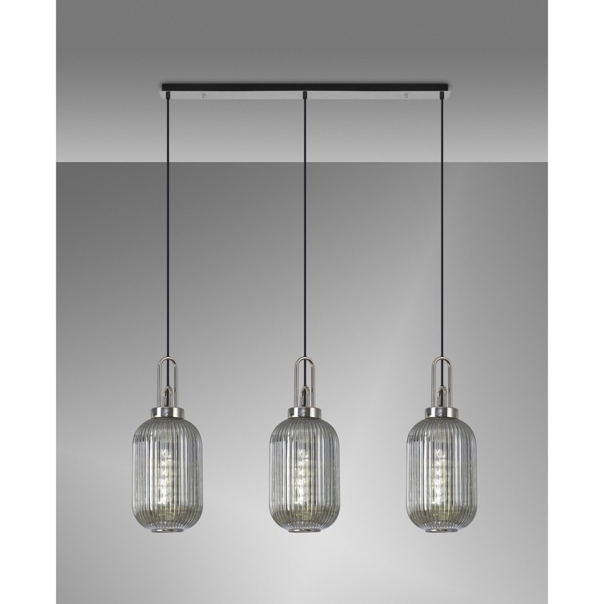 Photograph: Idolite Camille Linear 3 Light Pendant E27 With 20cm Tubular Ribbed Glass, Smoked Polished Nickel/Matt Black