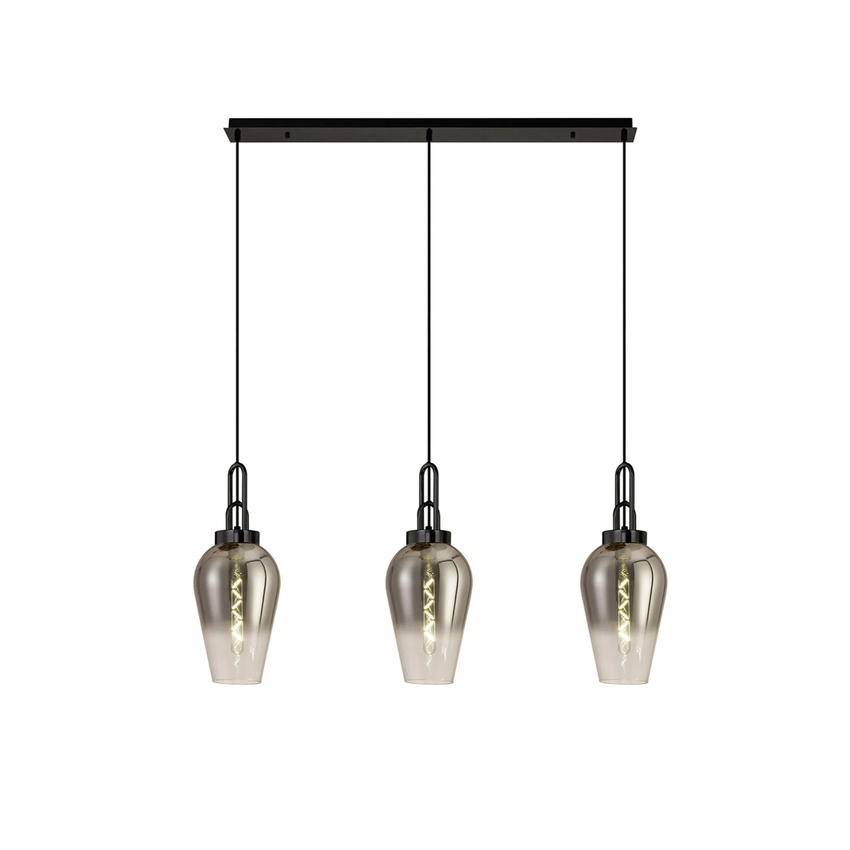 Photograph: Idolite Camille Linear 3 Light Pendant E27 With 23cm Pear Glass, Smoked/Clear Black Chrome/Matt Black