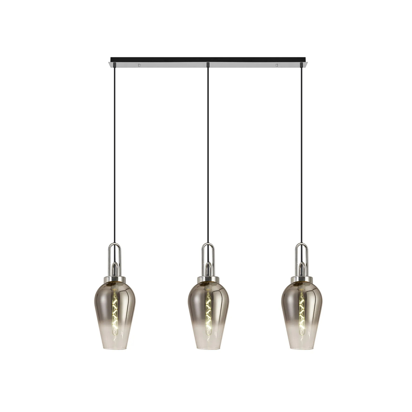Photograph: Idolite Camille Linear 3 Light Pendant E27 With 23cm Pear Glass, Smoked/Clear Polished Nickel/Matt Black