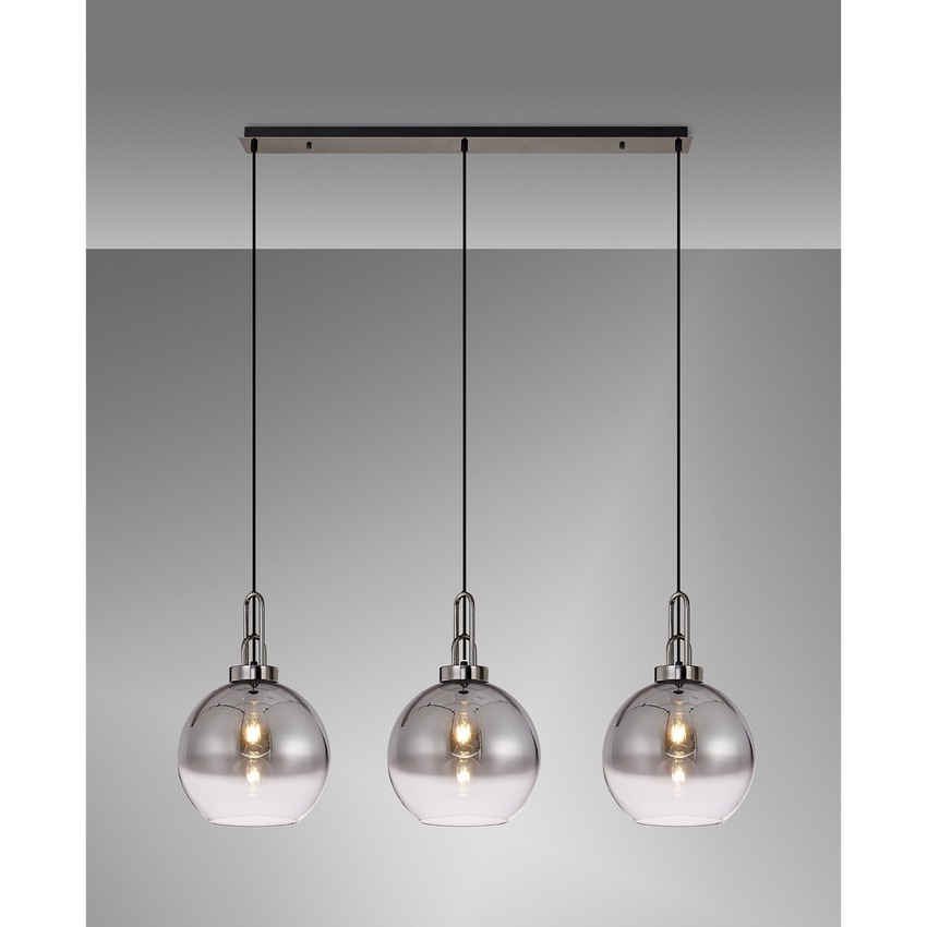Photograph: Idolite Camille Linear 3 Light Pendant E27 With 30cm Globe Glass, Smoked/Clear Black Chrome/Matt Black