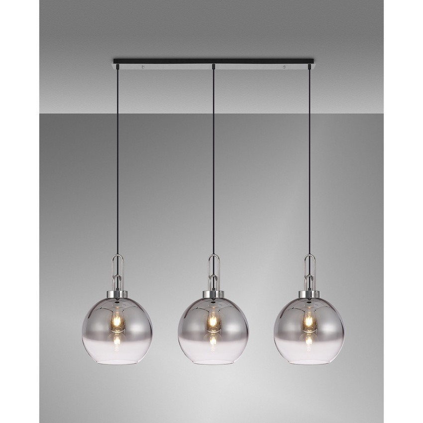 Photograph: Idolite Camille Linear 3 Light Pendant E27 With 30cm Globe Glass, Smoked/Clear Polished Nickel/Matt Black