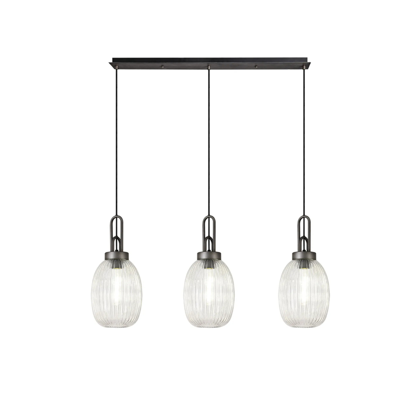 Photograph: Idolite Camille Linear 3 Light Pendant With 20cm Almond Ribbed Glass, Aged Pewter/Matt Black Clear