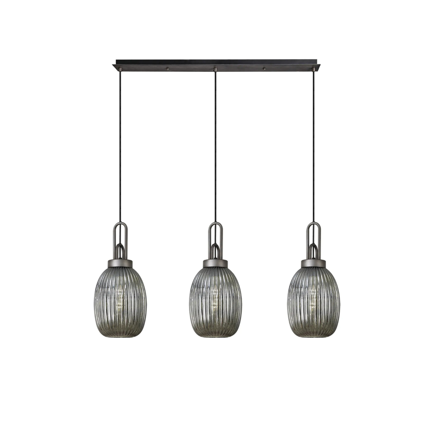 Photograph: Idolite Camille Linear 3 Light Pendant With 20cm Almond Ribbed Glass, Aged Pewter/Matt Black Smoked