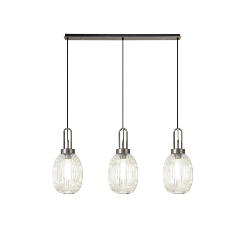 Photograph: Idolite Camille Linear 3 Light Pendant With 20cm Almond Ribbed Glass, Antique Silver/Matt Black Champagne