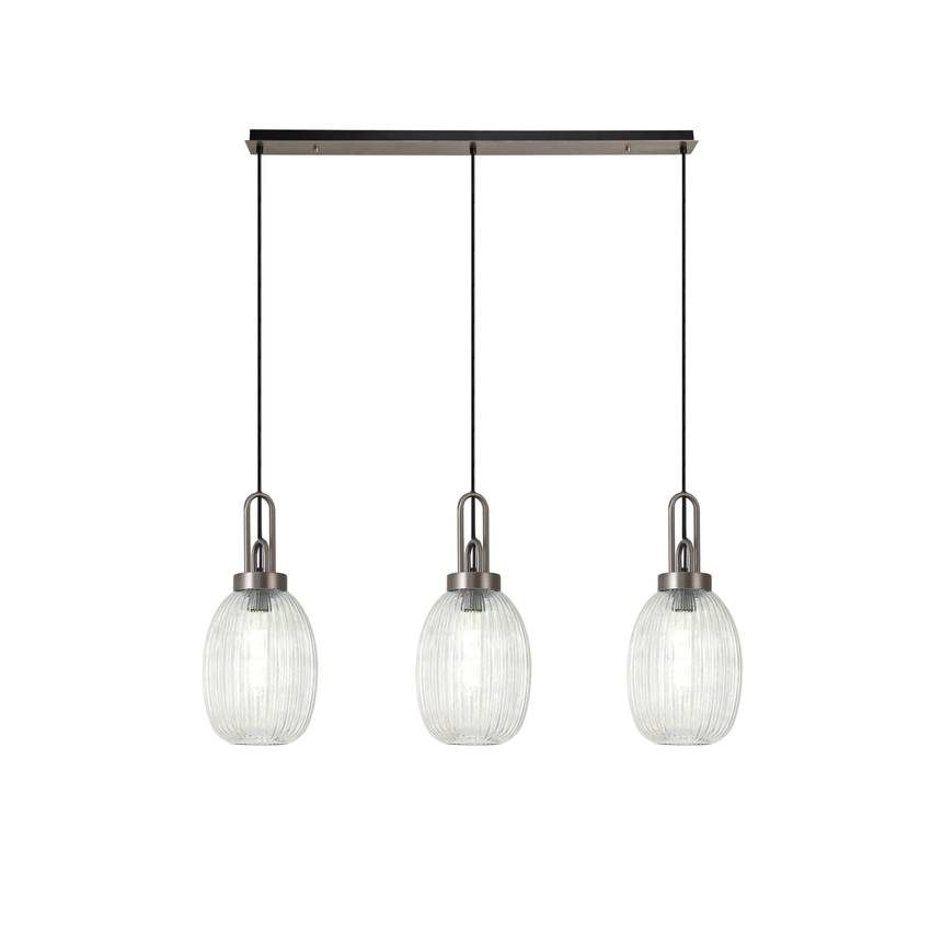 Photograph: Idolite Camille Linear 3 Light Pendant With 20cm Almond Ribbed Glass, Antique Silver/Matt Black Clear