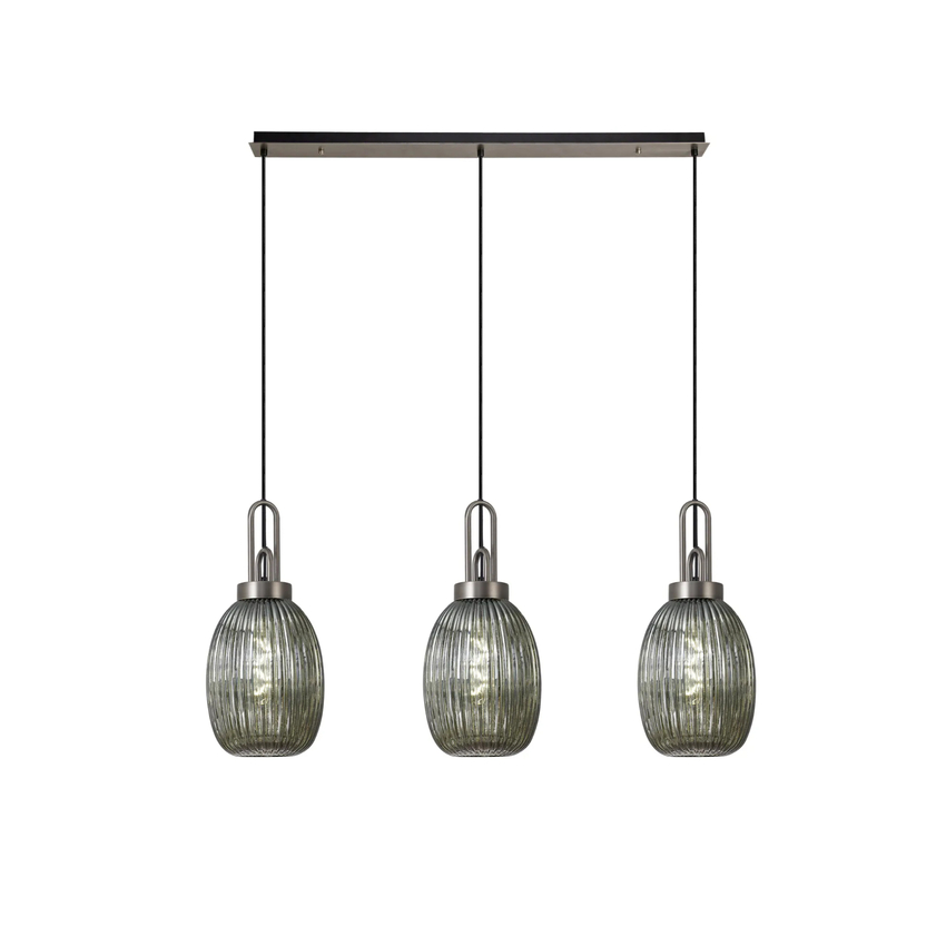Photograph: Idolite Camille Linear 3 Light Pendant With 20cm Almond Ribbed Glass, Antique Silver/Matt Black Smoked