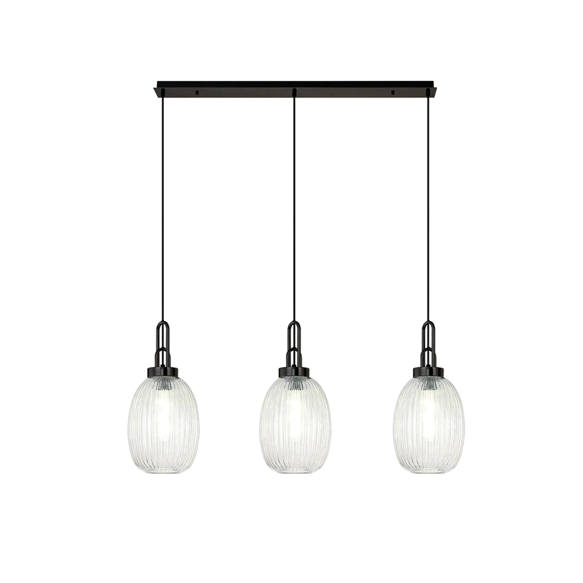 Photograph: Idolite Camille Linear 3 Light Pendant With 20cm Almond Ribbed Glass, Black Chrome/Matt Black Clear