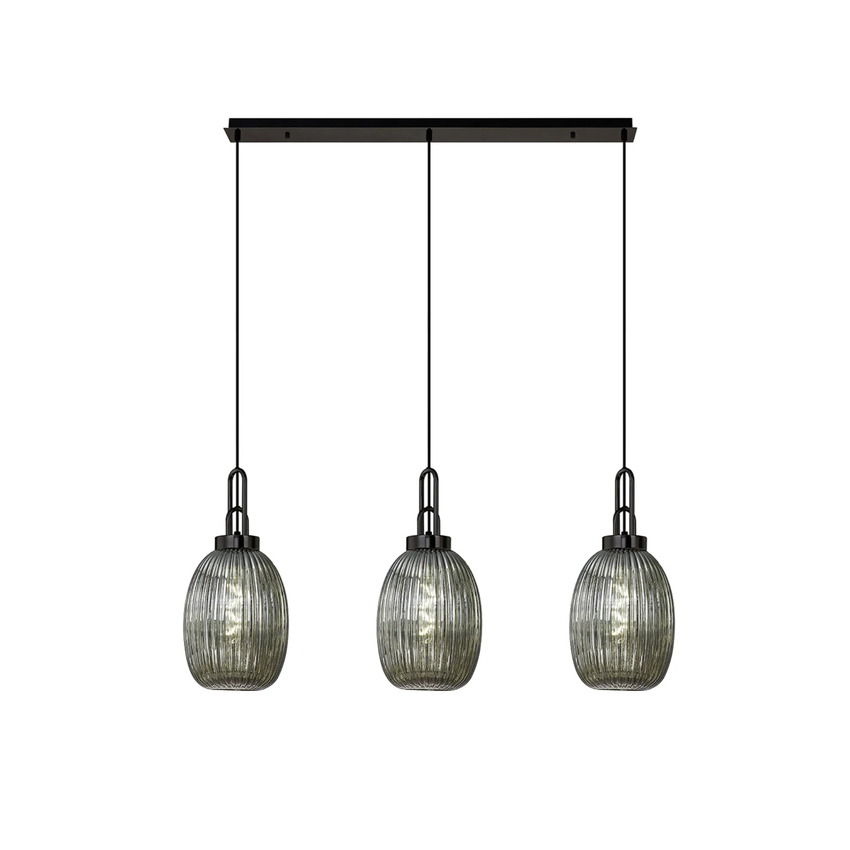 Photograph: Idolite Camille Linear 3 Light Pendant With 20cm Almond Ribbed Glass, Black Chrome/Matt Black Smoked