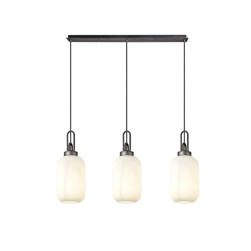 Photograph: Idolite Camille Linear 3 Light Pendant With 20cm Tubular Ribbed Glass, Aged Pewter/Matt Black Opal