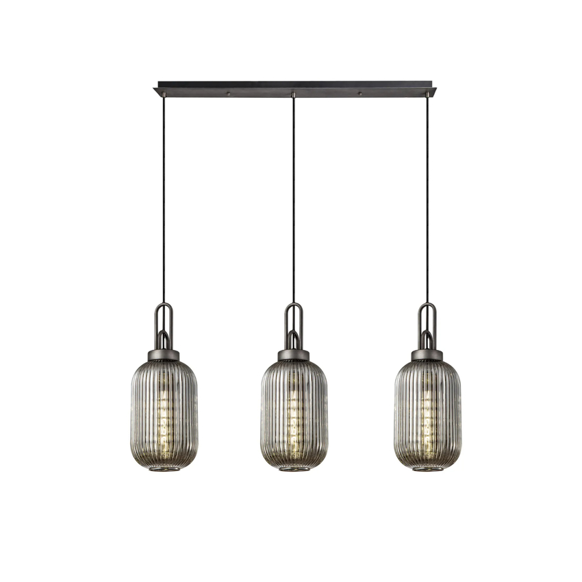 Photograph: Idolite Camille Linear 3 Light Pendant With 20cm Tubular Ribbed Glass, Aged Pewter/Matt Black Smoked