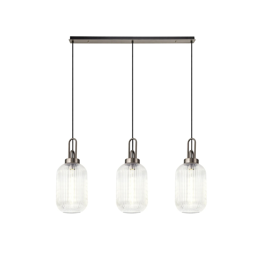 Photograph: Idolite Camille Linear 3 Light Pendant With 20cm Tubular Ribbed Glass, Antique Silver/Matt Black Clear