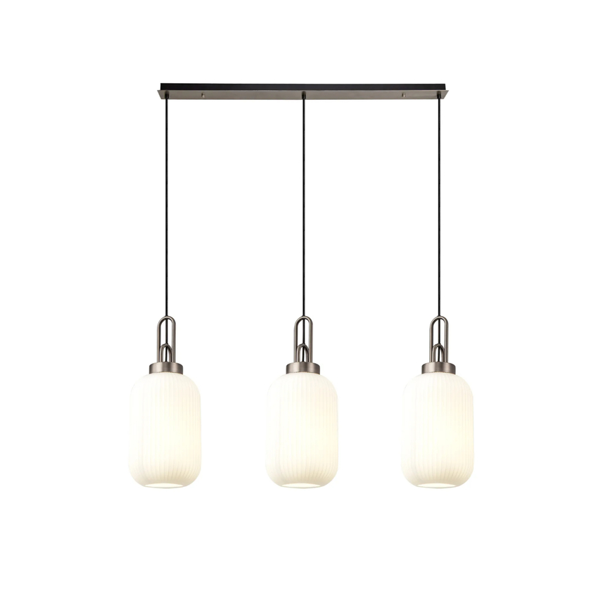 Photograph: Idolite Camille Linear 3 Light Pendant With 20cm Tubular Ribbed Glass, Antique Silver/Matt Black Opal