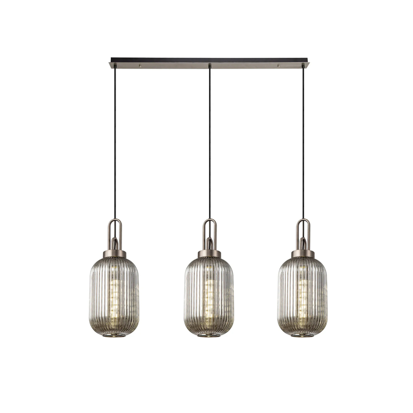 Photograph: Idolite Camille Linear 3 Light Pendant With 20cm Tubular Ribbed Glass, Antique Silver/Matt Black Smoked